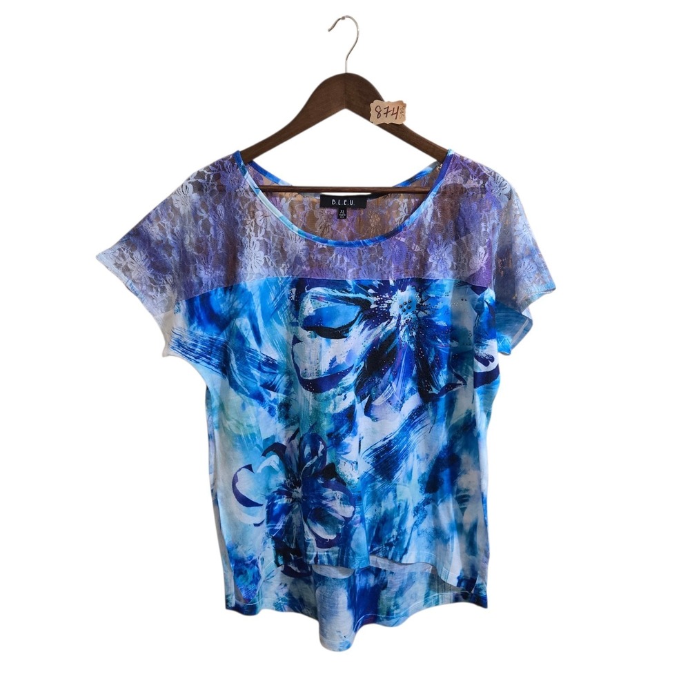 B.L.E.U. Women's Short Sleeve Shirt Size XL Lace Neckline Blue Black White